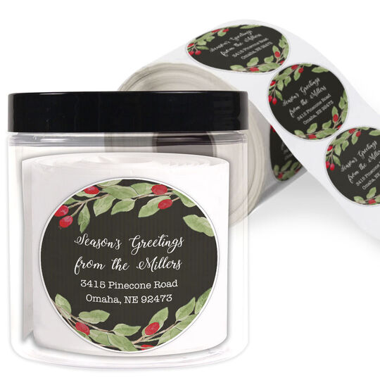 Black Burgundy Berries Round Address Labels in a Jar